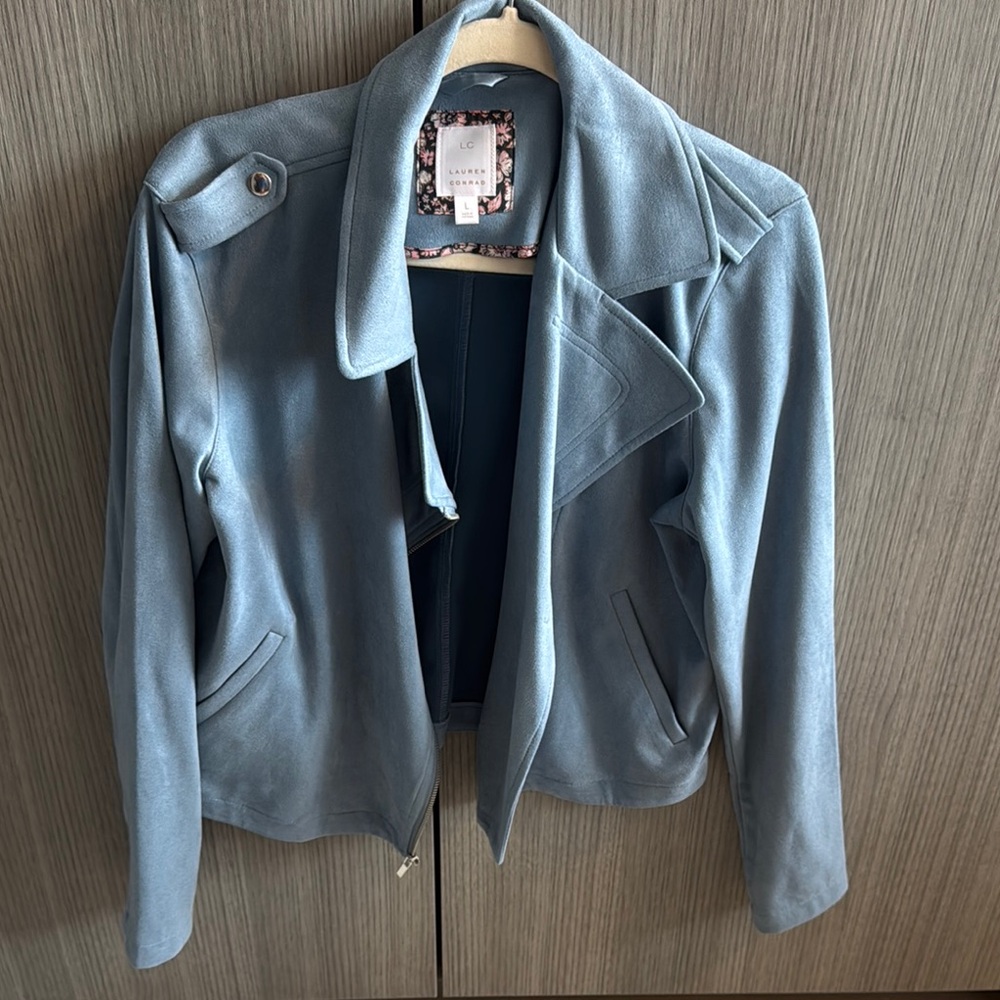 LC Lauren Conrad Blue Leather Jacket Modern Minimalist Design